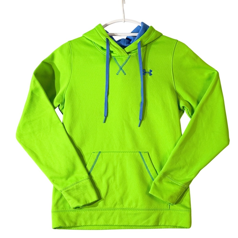 Under Armour Neon Green Blue Fleece Hoodie Loose Fit Pullover Small